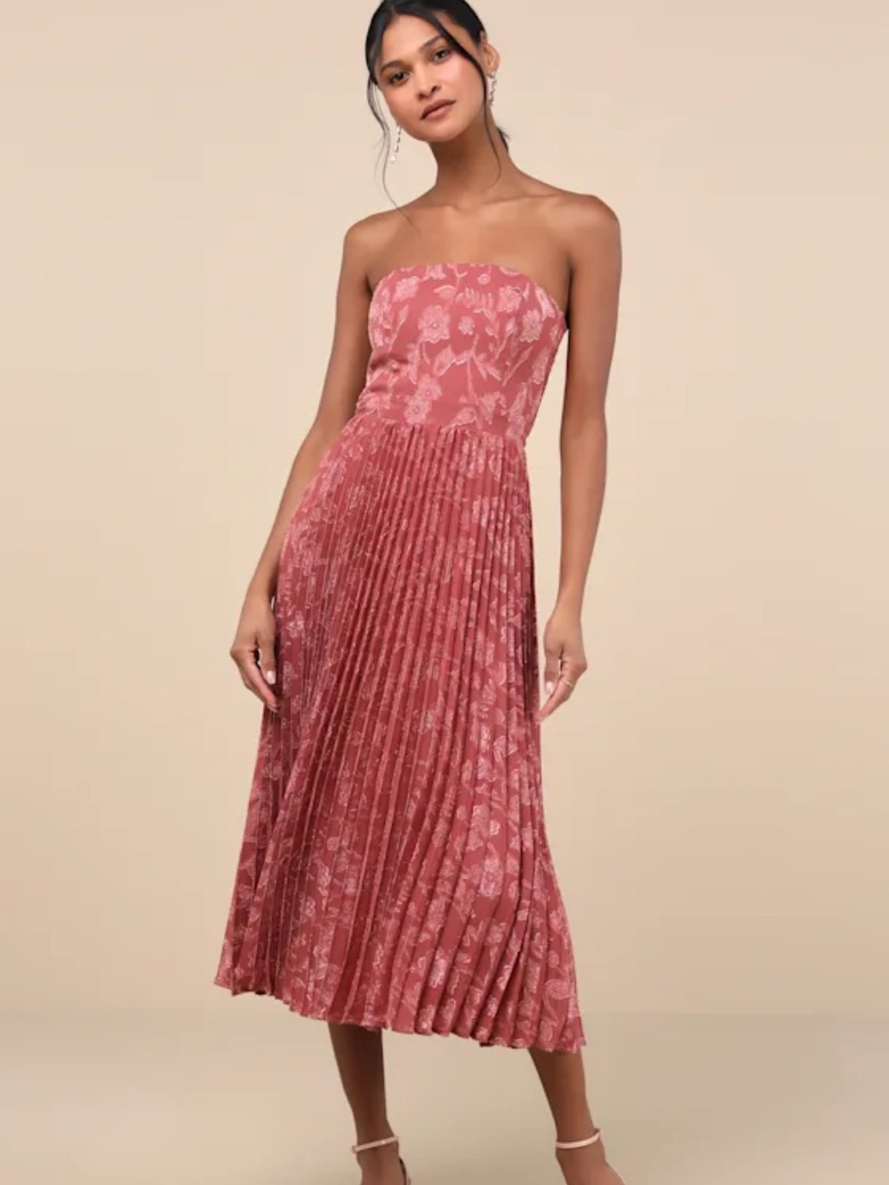 Strapless Rose-Pink Pleated Midi Dress
